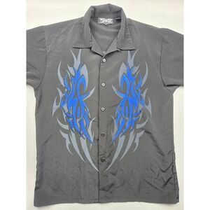 Dragonfly Clothing Company Mens Large Black Blue Tribal Flame Button Up Shirt